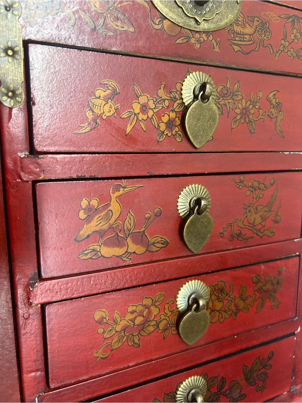 vintage Chinese-style red lacquered wooden jewelry chest ornate brass-toned